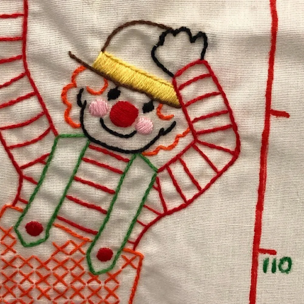 Vintage Hand-Crafted Embroidered & Cross Stitch Height Chart - Clown & Balloons